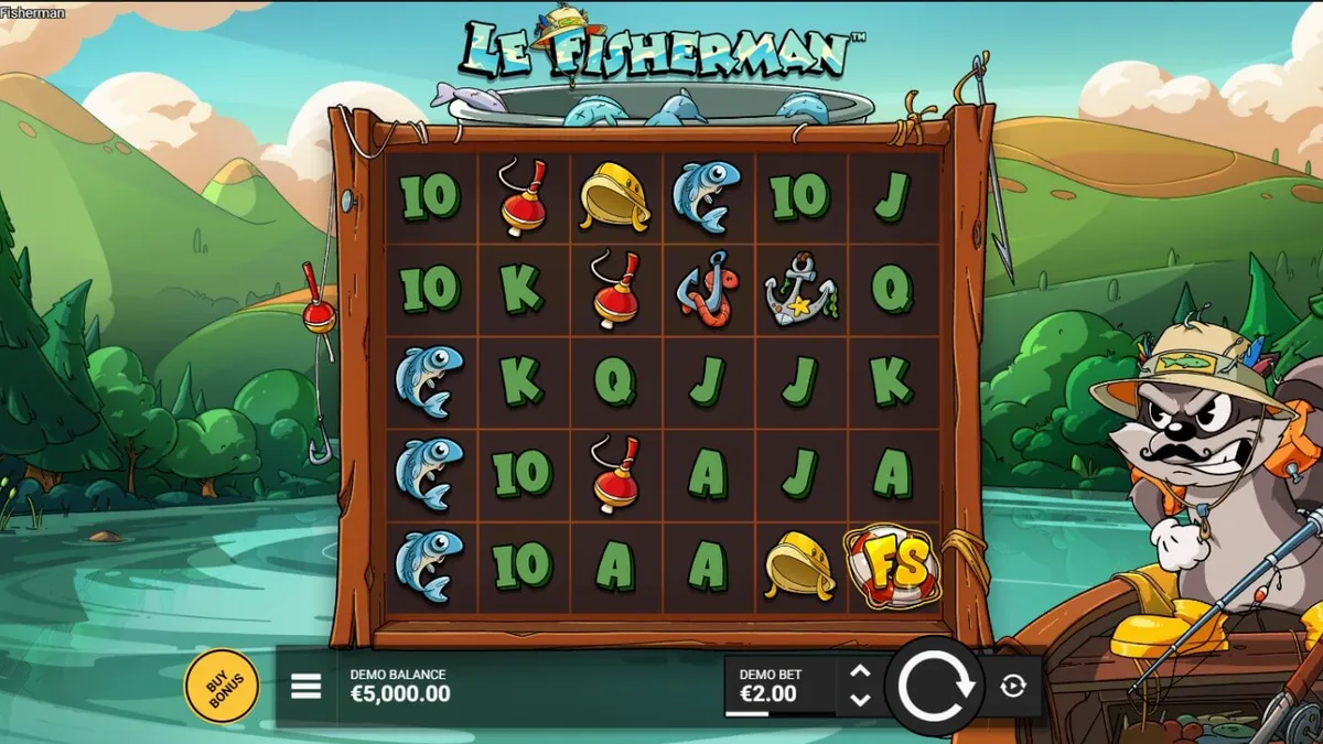 Smokey ang raccoon na mangingisda sa isang 6x5 grid sa Le Fisherman slot