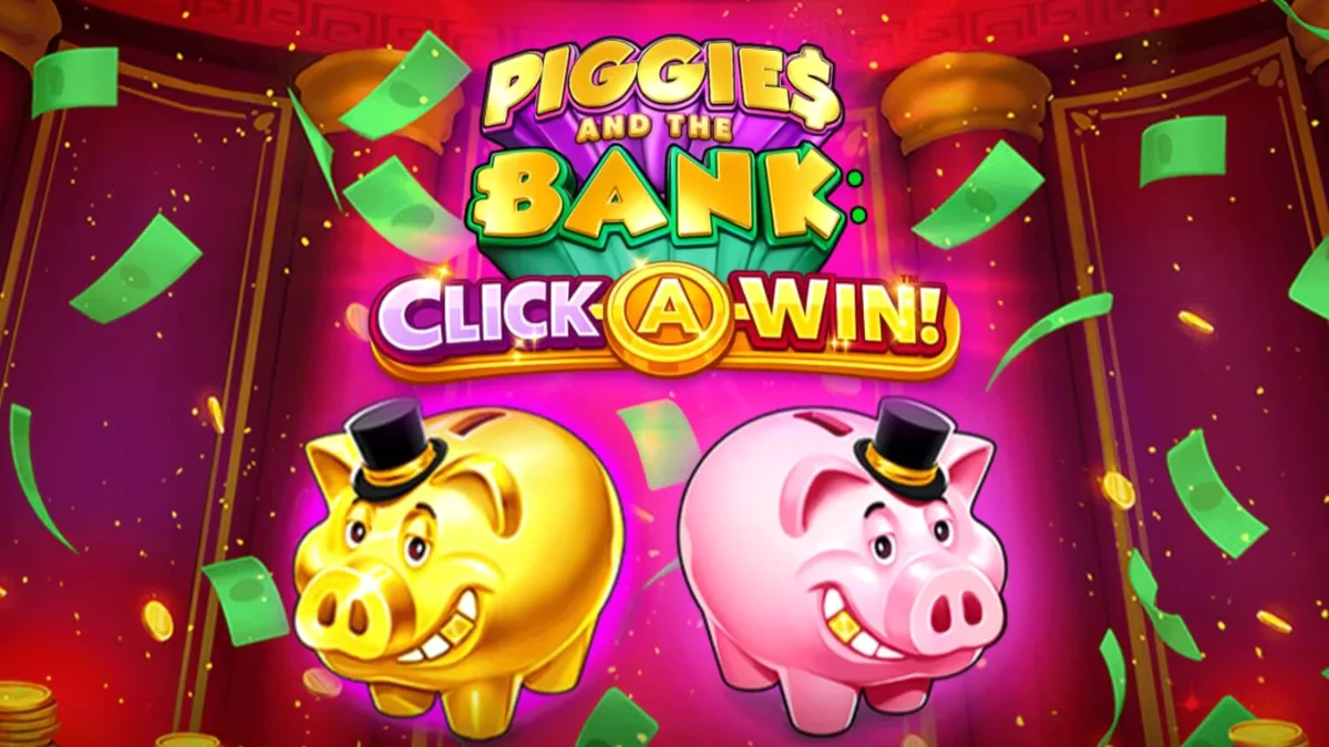 Piggies and the Bank: Click-A-Win slot interface na may mga gintong barya at piggy bank.