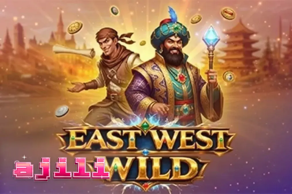 Isang makulay na eksena mula sa East West Wild slot na nagpapakita ng mga simbolo ng dragon at gintong disyerto.